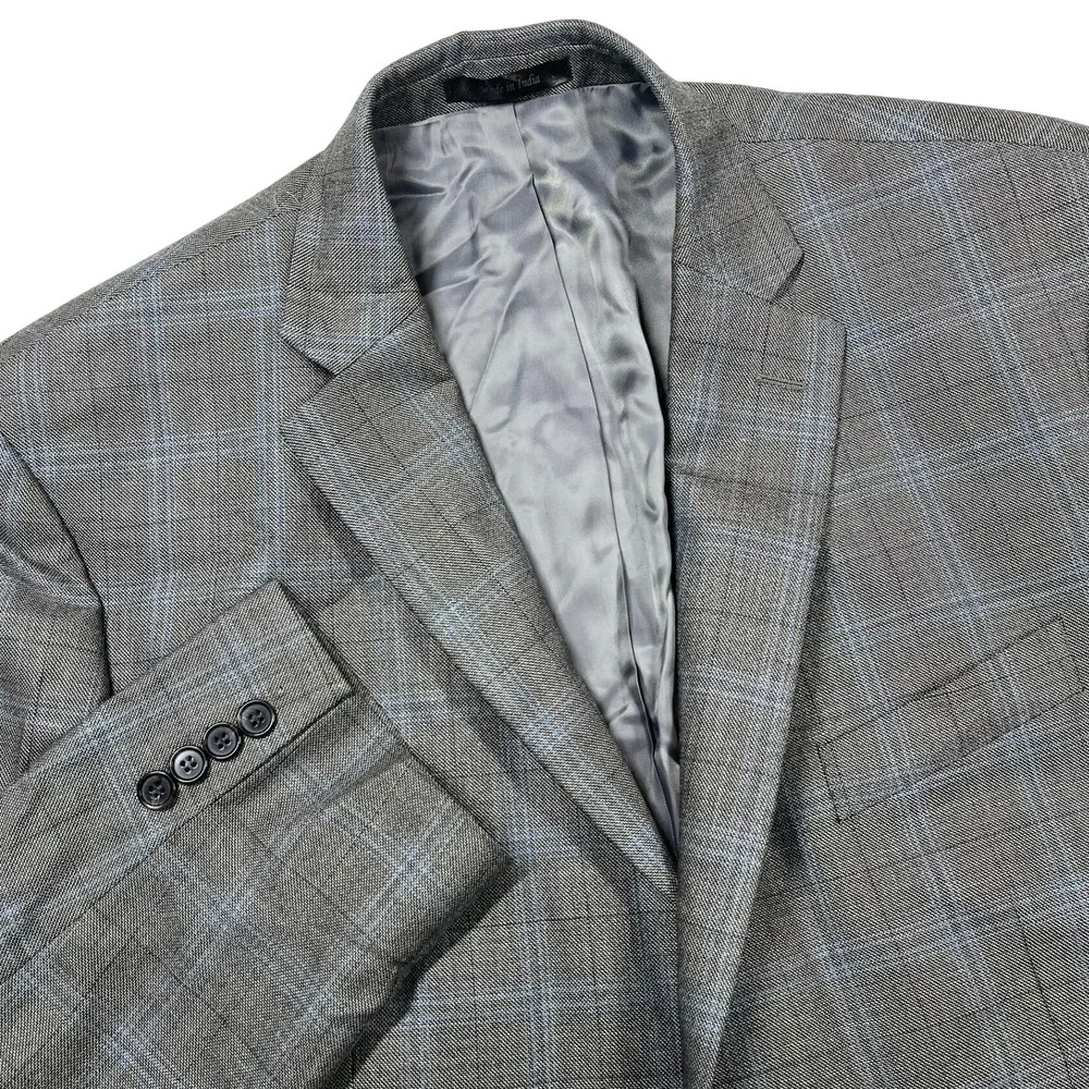 Lauren Ralph Lauren Silk Wool Two-Button Blazer Mens 46R Grey Plaid Glen Check